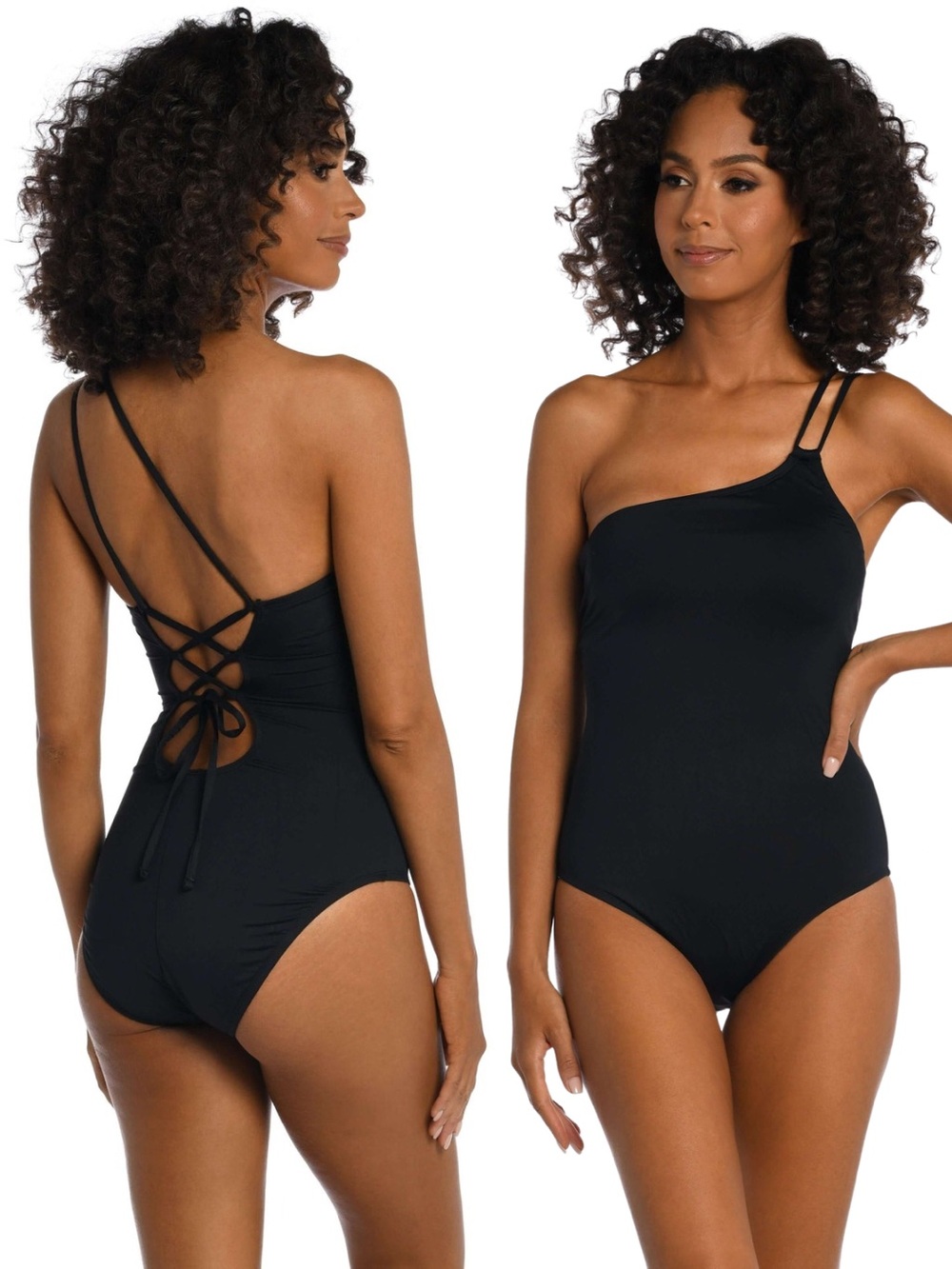 La Blanca Island Goddess One Shoulder One Piece Swimsuit Black Size 12 NWT